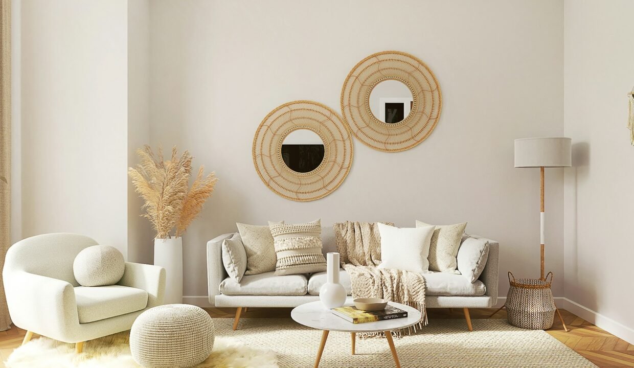 a living room filled with furniture and a mirror