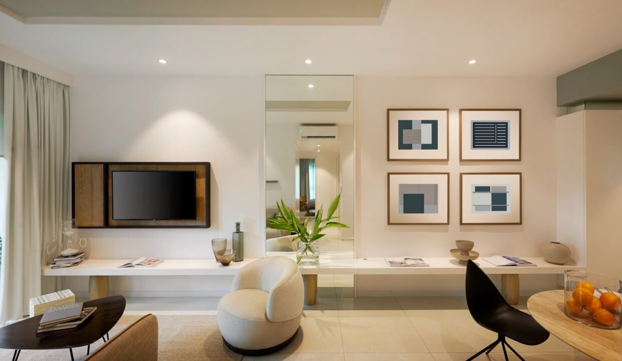 black flat screen tv on white wooden tv rack